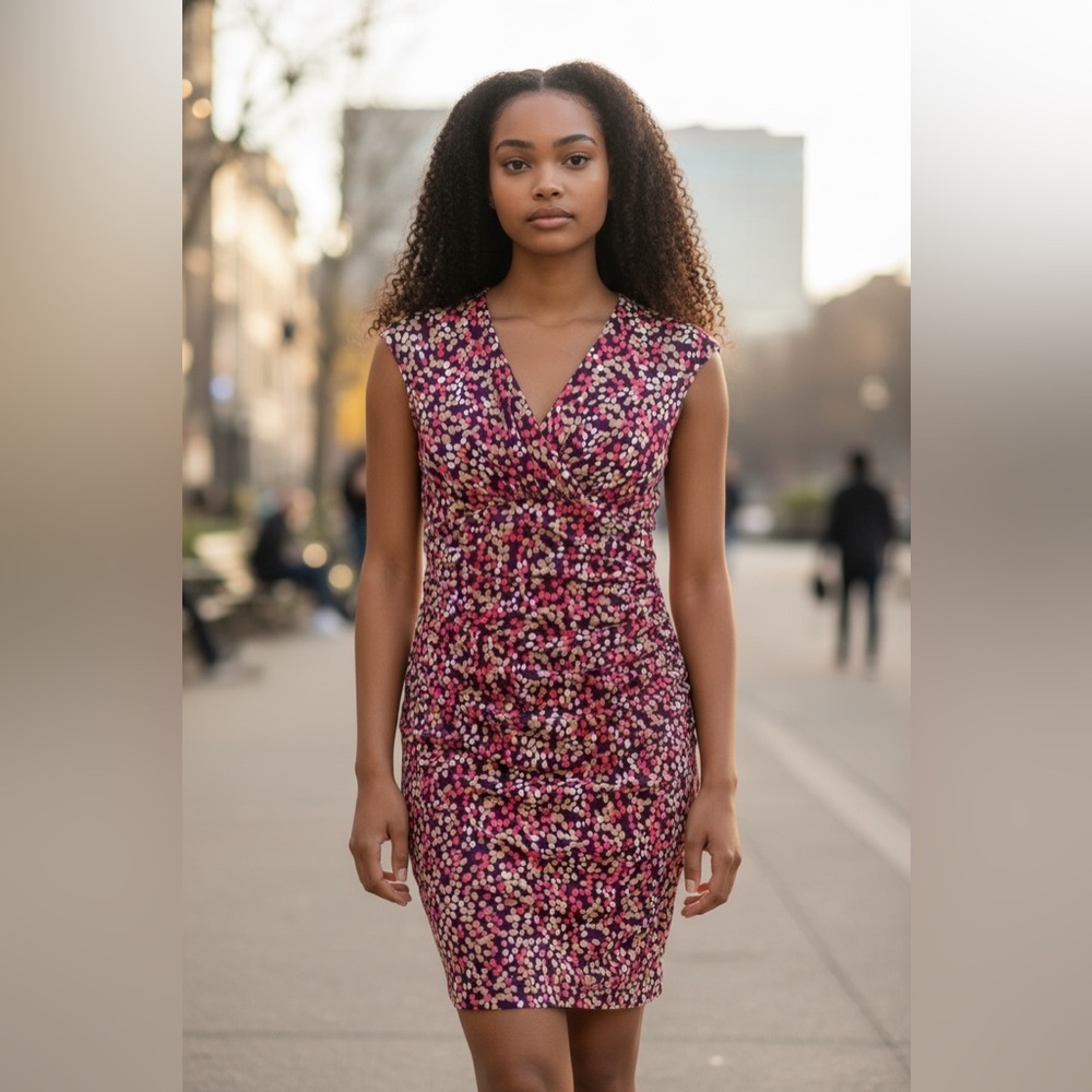 Lauren Ralph Lauren Womens Pink Brown Dot V-Neck Sheath Dress Size 2 Formal